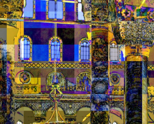 Das Innere einer farbenfrohen Moschee, mit Hilfe eines Programms verfremdet dargestellt