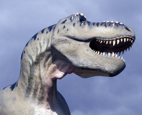 Auf dem querformatigen Bild ragt der Kopf eines Dinosauriers aus Pappmache in das Foto.