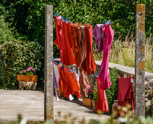 Das querformatige Foto zeigt eine Gartensituation mit dichten Büschen. Zwischen zwei Betonpfosten ist eine Wäscheleine gespannt, an der verschiedene rote Kleidungsstücke hängen.