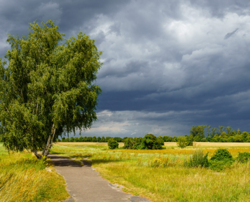 Das querformatige Foto zeigt dunkle Wolken über dem Mauerweg und der grünen Landschaft.