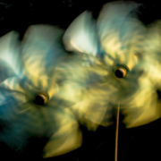 Auf dem querformatigen Foto drehen sich vor schwarzem Hintergrund 2 weiss-blaue Spielzeug-Windmühlen