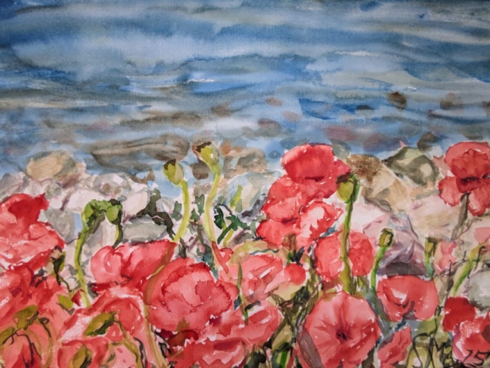 Mohn am See, Aquarell von Silvia Mehl, 40 cm x 50 cm, 120€ o.R., 140€ m.R.