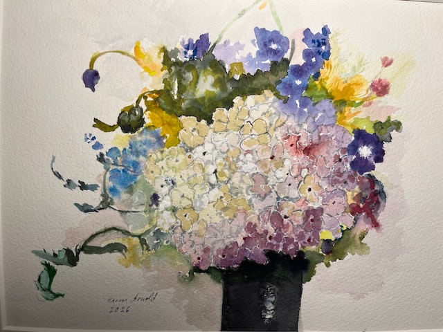 Blumenstrauß mit Hortensie, Aquarell von Karin Arnold, 40cm x 50cm, 120€ o.R., 150€ m.R.