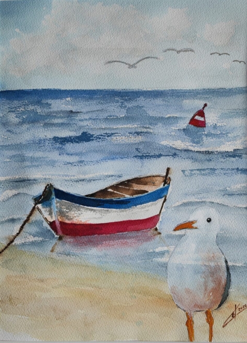 Gesellschaft am Strand, Aquarell von Kerstin Evers