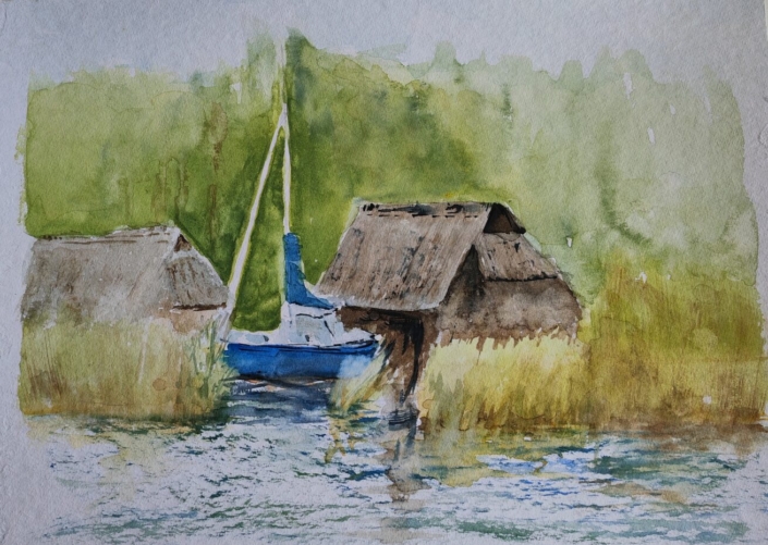 Sommer im Hafen von Prerow, Aquarell von Kerstin Evers